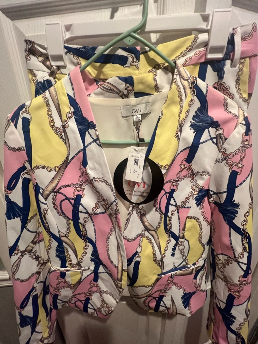 Ovi Pink Yellow White Chain & Tassel Print Blazer